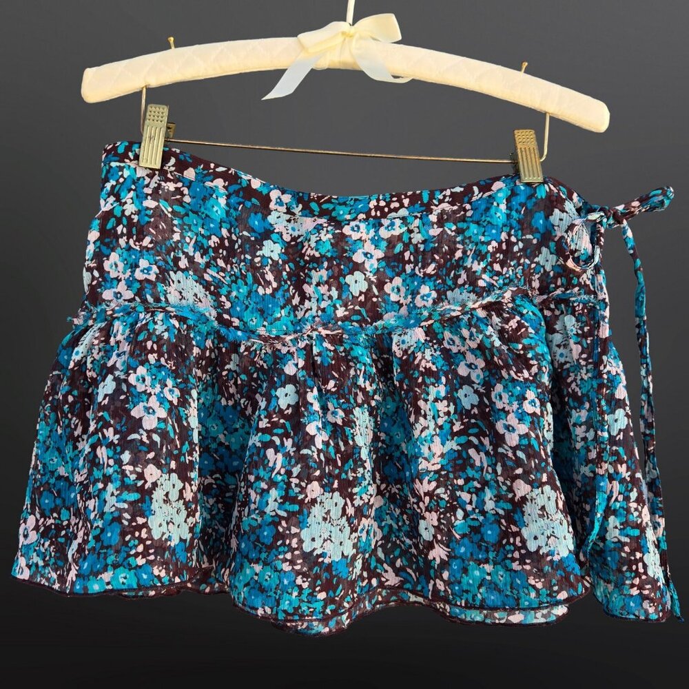 Y2K GUESS Silk Floral Micro Mini Skirt Size 27 Blue Brown Fairy Boho Semi Sheer